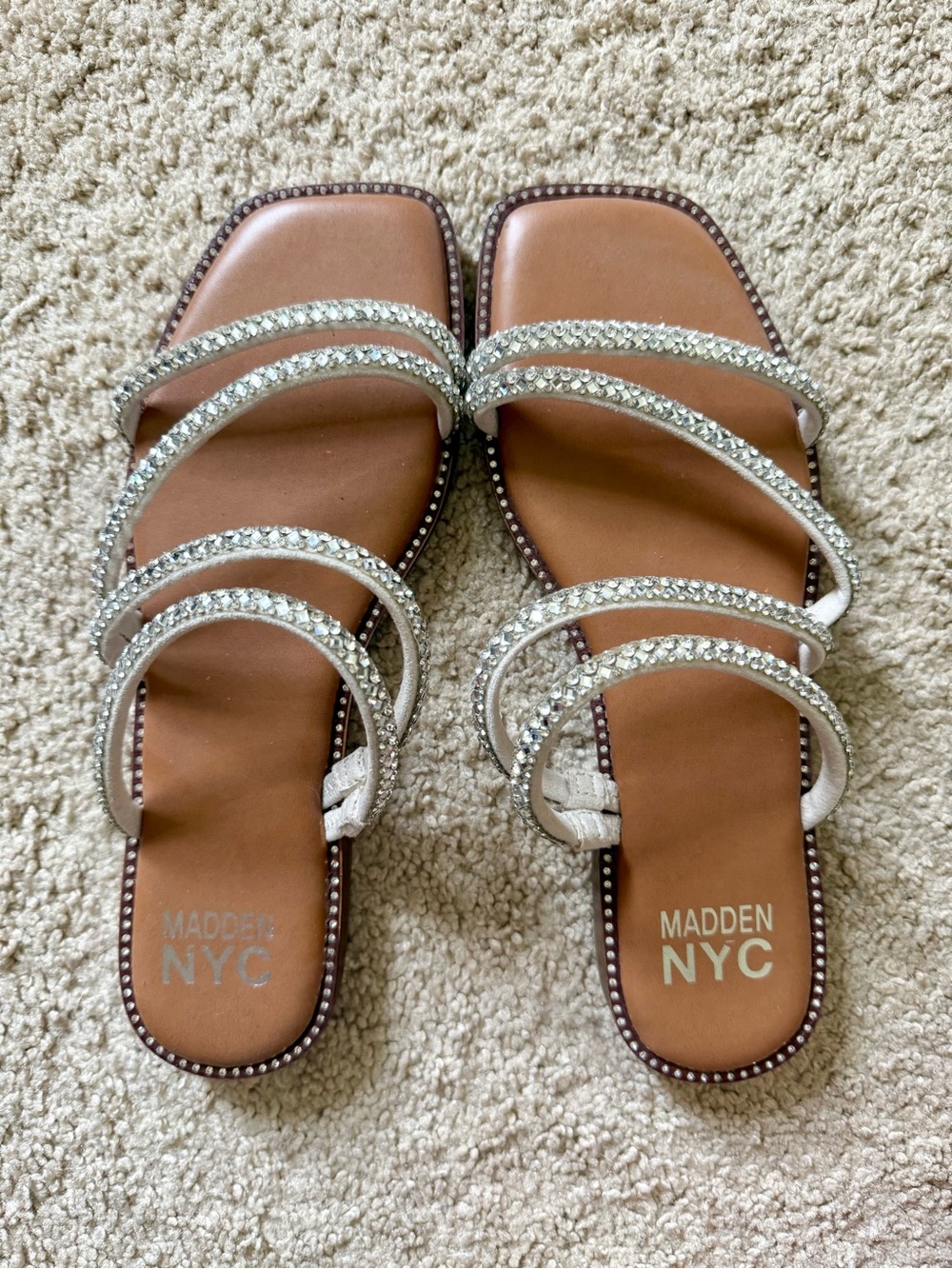 Madden NYC Women's White Crystal-Strap Slide Sandals